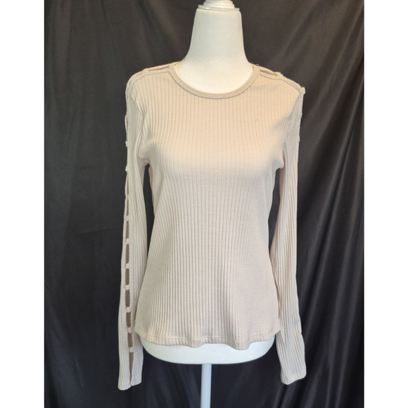 Jonathan Simakhi Standard Tobie Melange Rib Cut Out Cream Top L - Picture 2 of 7